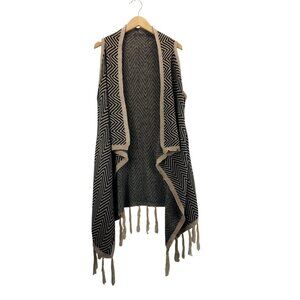 Drapey Sweater Vest Open Front Asymmetric OS Tan Black Cardigan Shawll Wrap